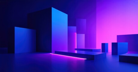 Cool neon gradient blending midnight navy into vibrant electric purple, with a cyber glow effect, illuminating geometric shapes and creating a futuristic, dynamic space
