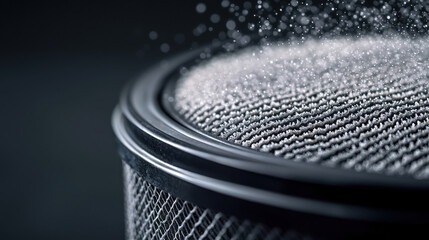The Impact of PM 2.5 on Health and Environment Themed, Macro detail of pet air filter showing fine dust particles and texture