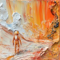 Aliens exploring barren Mars landscape captured in thick impasto strokes with fluid paint Sharp edges and abstract liquid 3D shapes define the surreal terrain in this abstract expressionism painting