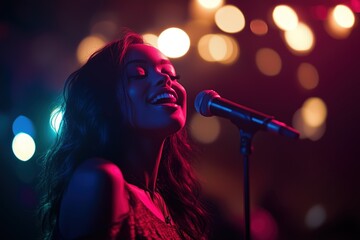 Beautiful woman singing on a concert in to a microphone. Party lights in the blurred background	