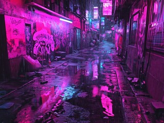 Rainy neon alleyway, cyberpunk city, reflections, night