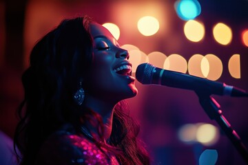 Beautiful woman singing on a concert in to a microphone. Party lights in the blurred background	