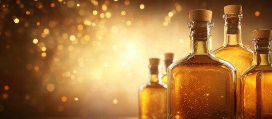 Golden Bottles of Spirits with Sparkling Bokeh Background and Empty Copy Space for Text Display or Advertisement