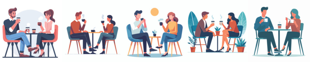 vector set of young couple sitting drinking coffee