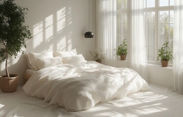 Serene Minimalist Bedroom with White Bed and Natural Light
