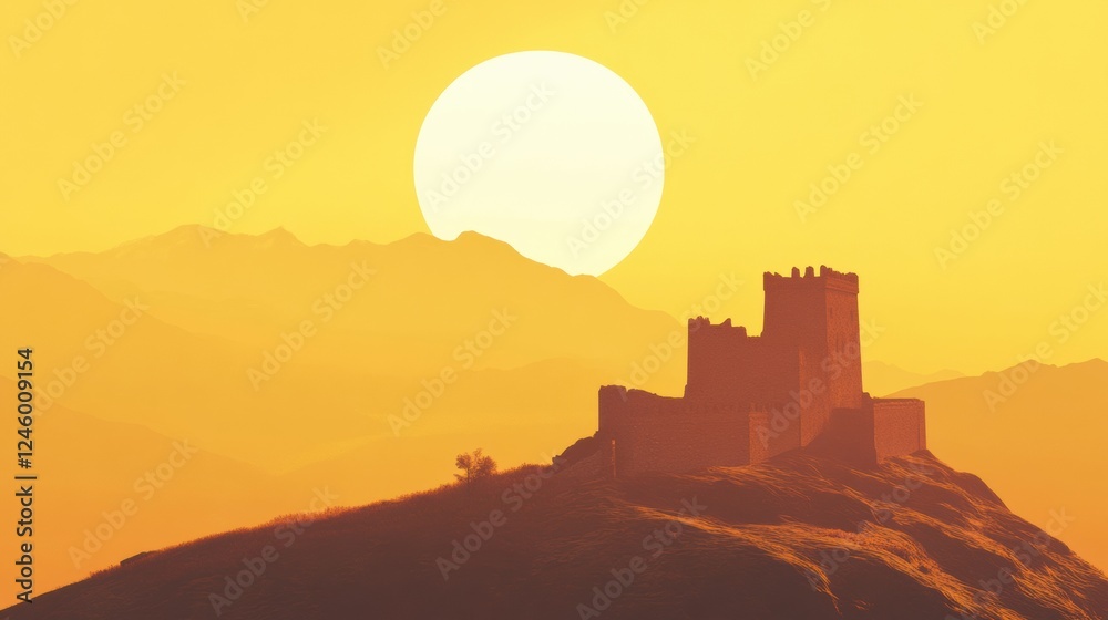 Aufkleber sunset glow illuminating ancient castle on hilltop with expansive landscape backdrop. generative ai