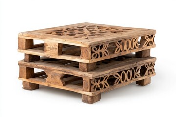 Stacked Wooden Pallets with Decorative Carvings in a Studio Setting for Artistic Display or Furniture Design
