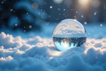 Glittering ice and snow around a glass sphere, snow, winter wonderland