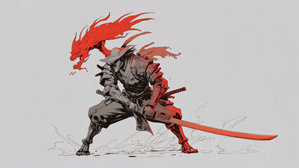 A Skillful Sketch of a Japanese Warrior in Red Kimono With Katana Sword Representing Ancient Martial Arts Heritage Anime Wallpaper Background Illustration Aesthetic