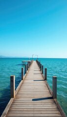 Fototapeta premium Pier extends into distance with clear blue sky above, landscape, serene, blue