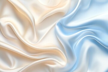 Obraz premium Soft Beige and Light Blue Silk Fabric with Smooth Folds and Luxurious Shiny Texture Background
