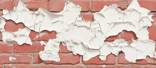Weathered red brick wall with peeling white plaster revealing underlying texture and age features suitable for background or restoration themes.