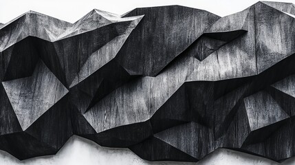 Striking Abstract Geometric Sculpture in Black and Gray Against a White Wall for Modern Art and Interior Design Inspiration