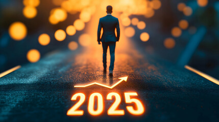 Fototapeta premium A man stands on a road illuminated by glowing lights, with 