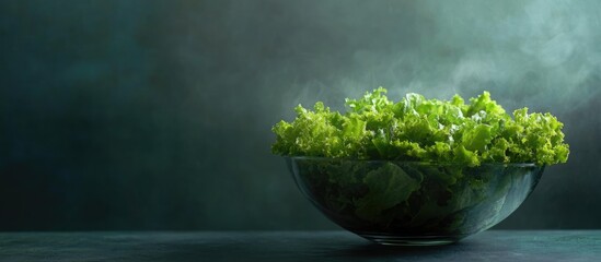 Nutritious Fresh Green Salad in Glass Bowl on Dark Background with Copy Space for Text on Healthy Eating and Vegetarian Lifestyle