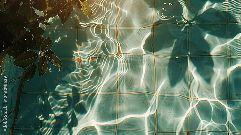 Poster sunlight reflecting on water surface with tile patterns and leaf shadows in a tranquil setting