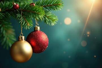 Glittering ornaments hang from a lush green branch, christmas, branch