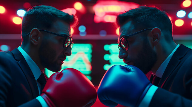 Two men in suits face off, wearing boxing gloves, set against a vibrant, illuminated background, representing a competitive or confrontational scenario.