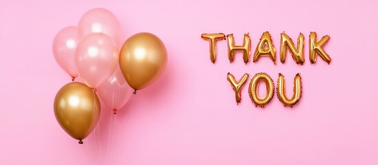 Golden Inflatable Balloons with Thank You Text on Pink Background Ideal for Anniversary Reception Celebrations and Personalized Messages