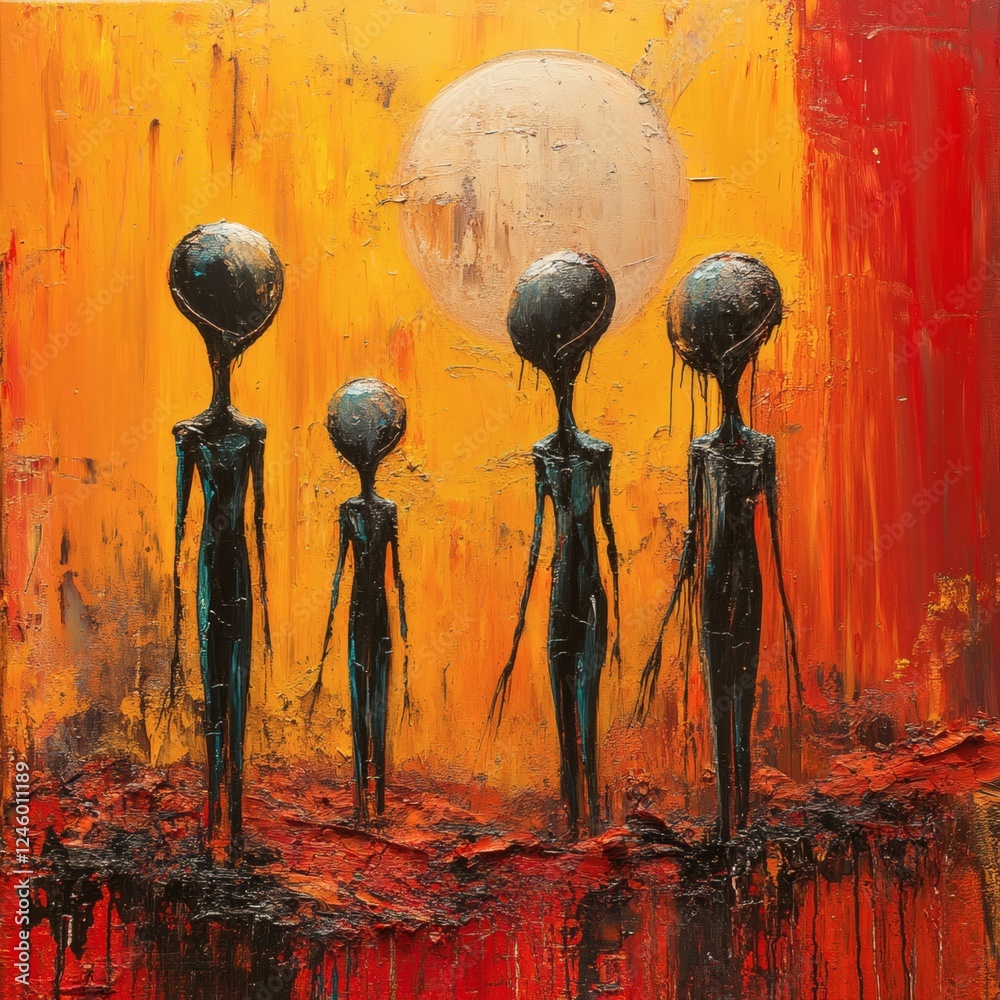 Poster aliens mars in an abstract expressionism style with sharpedged terrain formed from fluid paint and t