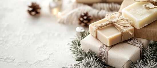 Handmade soap bars in gift boxes arranged in a cozy setting with decorative elements and blank space for personalized text or messages