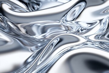 Abstract Liquid Metallic Silver Surface with Reflective Smooth Waves and Fluid Patterns