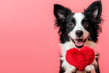 Fototapeta premium Collie - my cherished dog. Commercial creative. Cute collie pup with fluffy red heart - emblem of love, funny greeting card. Heartwarming pets. Heart and pet photography. Love and pet moments.