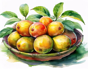 A watercolor illustration of a woven basket overflowing with ripe mangoes and leafy green branches
