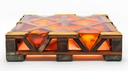 Stunning Geometric Amber Glass Sculpture Elegantly Displayed on a Wooden Base in a Modern Studio Setting with Soft Lighting and Artistic Background.