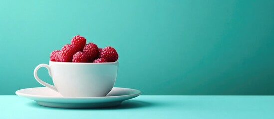 Delicious fresh raspberries in a white cup on a vibrant turquoise background with ample empty space for creative text placement