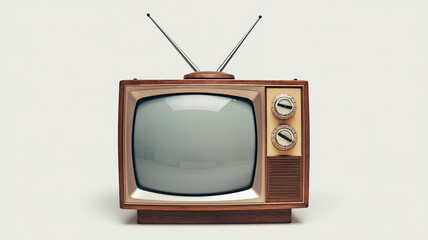 Vintage Old-Fashioned Television Set with Wooden Frame, Rounded Screen, Two Dials on the Right, and Antenna on Top, Highlighting Its Retro Design and Classic Appeal against a Neutral Background