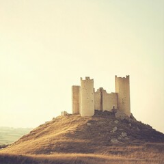 Obraz premium Ancient castle stands majestically on a hilltop under a warm golden sky at sunset. Generative AI