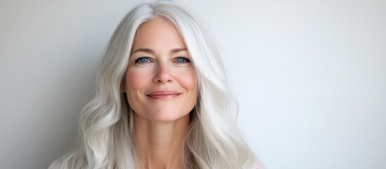Naklejka premium Elegant portrait of a joyful woman with long silver hair and blue eyes on a neutral background ideal for text overlay or branding needs
