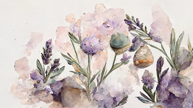 Watercolor painting featuring a delicate arrangement of purple and pink flowers with green leaves. AI generated.