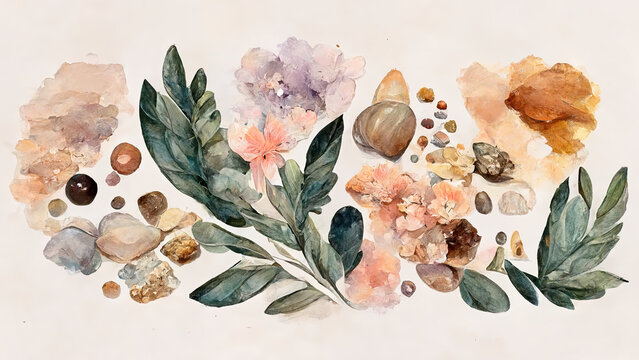 Watercolor painting featuring a delicate arrangement of purple and pink flowers with green leaves. AI generated.