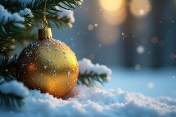 Glittering snowflakes fall gently on a serene winter scene with a golden Christbaumkugel in the foreground, kugel, Christmas