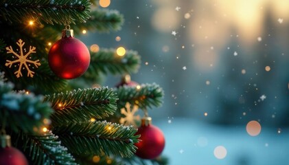 Glittering snowflakes fall on a Christmas tree background, festive, christmas, holiday