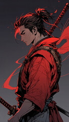 Beautiful Pencil Drawing of a Man in Red Kimono With a Katana Sword Representing the Power and Discipline of Japanese Warriors Anime Wallpaper Background Illustration Aesthetic