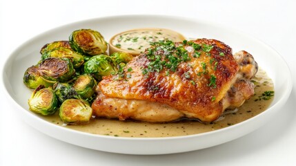 Succulent Roasted Chicken Thigh Served with Crisp Brussels Sprouts and Rich Gravy on a Classic White Plate, Perfectly Arranged for a Delicious Culinary Experience.