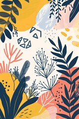 Colorful abstract foliage design featuring various plants and shapes on a light background