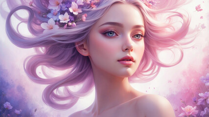 Creative fantasy portrait of a girl surrounded by flowers. Concept of dream, meditation, transcendent conscience and creative mind.