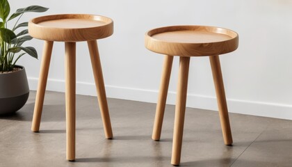 Set of two round wooden side tables with tapered legs, perfect for modern interiors. Ideal for showcasing home decor ideas or furniture designs