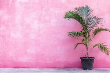 Green Tropical Palm Plant in Black Pot Against Vibrant Pink Textured Wall in Outdoor Setting