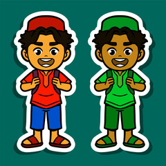 Sticker Illustration of a Muslim Boy Cartoon Character