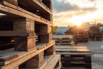 Obraz premium Stacked Wooden Pallets at Sunset Golden Hour