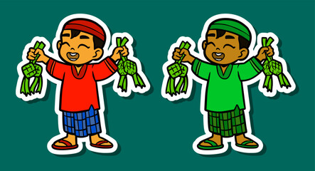 Sticker Illustration of a Muslim Boy Cartoon Character