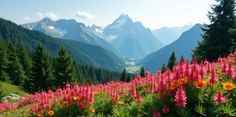 Blooming fireweed on mountain slope amidst spruce trees, mountains, autumn