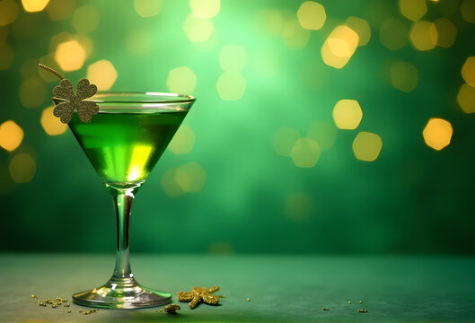 Cocktail glass filled with bright green drink, St. Patrick's Day concept - Powered by Adobe