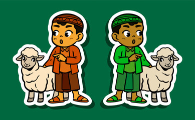 Sticker Illustration of a Muslim Boy with Goat