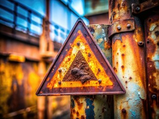 Miniature rusty metal warning sign, corroded and decaying, photographed with a tilt-shift lens for a small-scale effect.